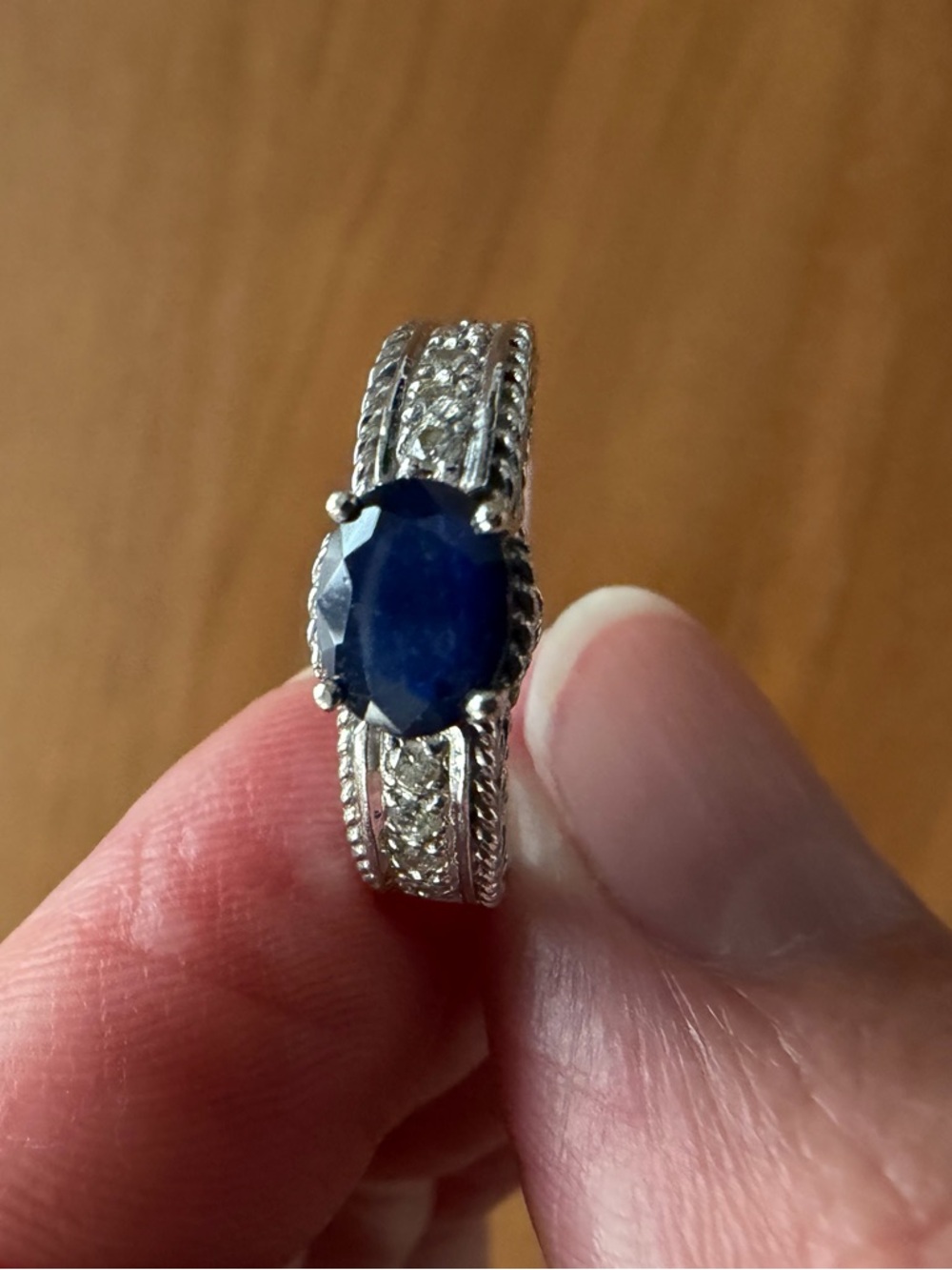 10K White Gold Blue Sapphire & Diamond Cocktail Ring with Filigree Accents - Picture 2 of 7